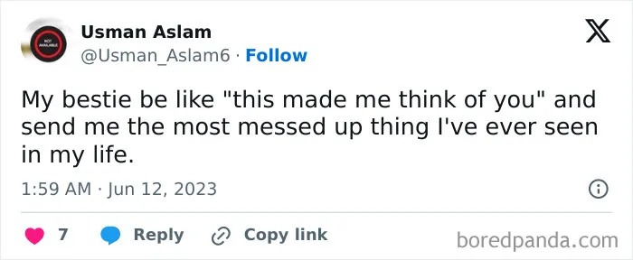 Tweet about relatable friendship meme, sharing funny and unexpected personal experiences between best friends.