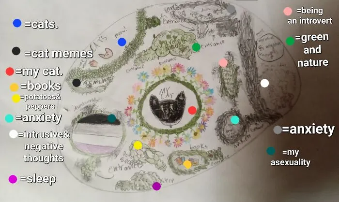 The Areas Surrounded In Green(Bushes) Are Positive Thoughts And Things I Like, Ones In Thorns(Grey) Are Negative Thoughts And Things I Dislike. Things With Grey And Green Are Things That Have Negative And Positive Qualities.its Messy So Those Dots Are To Show Where Things Are.also Sorry For The Bad Quality, And Bad Drawing, I Suck At Drawing Lol