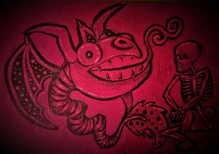 #31 Small Painting Of A Mexican Alebrije Talking To A Skeleton