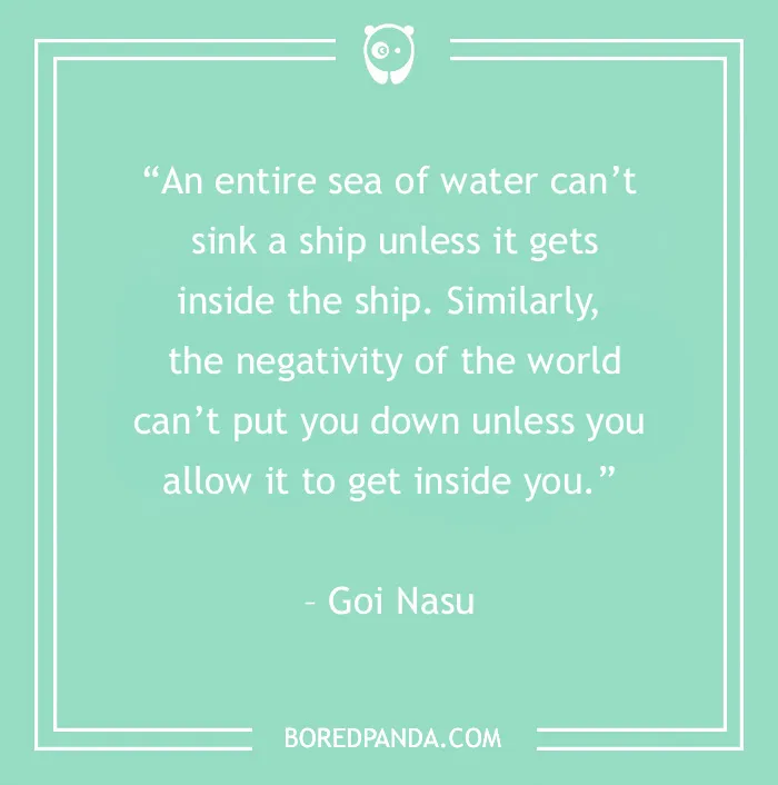 Quote about negativity by Goi Nasu on a light green background.