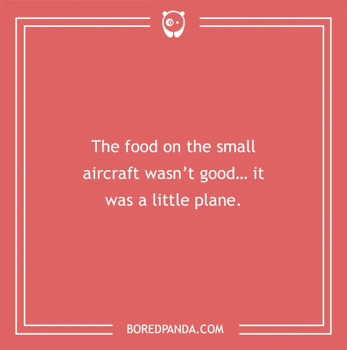 A red background with a travel joke, The food on the small aircraft wasn't good... it was a little plane. Funny travel jokes.