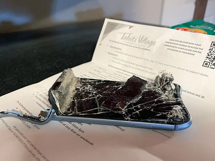 On The First Night Of Vacation, We Pulled Out The Sofa-Bed For The Kids But Heard A Loud Crunching Sound. Son's iPhone Fell And Got Caught In Hinges Of The Bed Frame