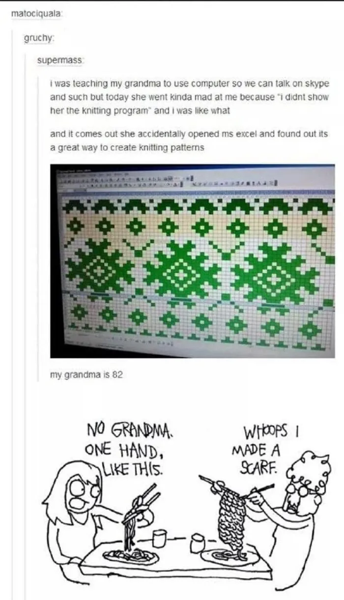 Funny pic of grandma using Excel for knitting patterns and a humorous comic about knitting spaghetti.