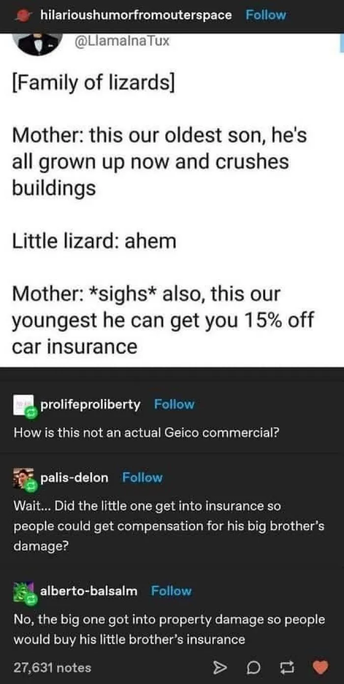 Family of lizards joke about insurance and property damage. A playful take on siblings' careers. Funny pic for a good laugh.