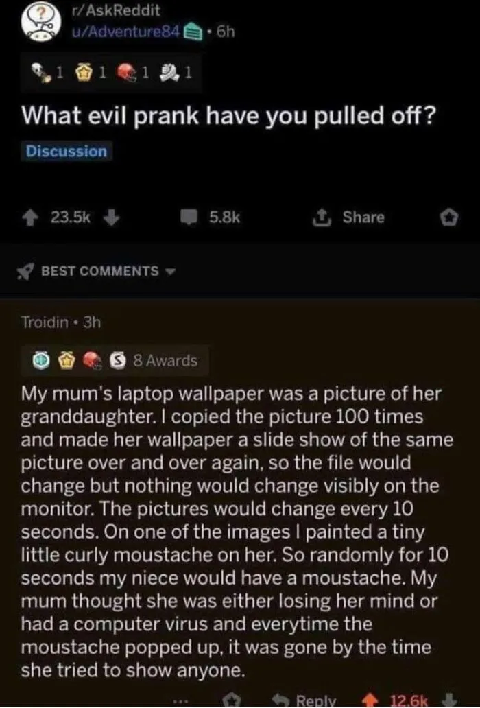 Funny text post showing a clever prank involving a laptop wallpaper and a hidden mustache.
