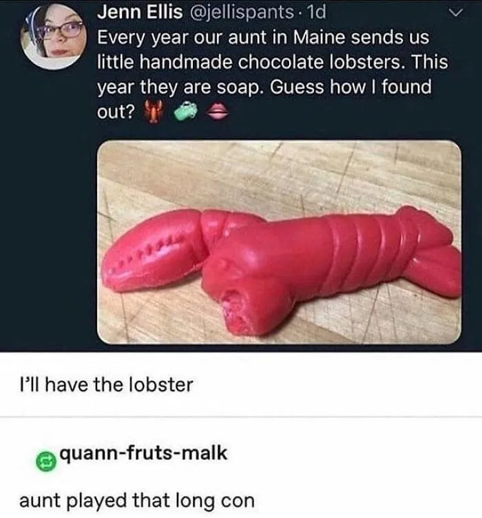 Funny pic of a soap lobster mistaken for chocolate, with humorous comments about the mix-up.