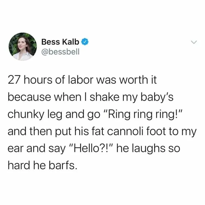 Funny tweet about a mother pretending her baby's leg is a phone, creating laughter.