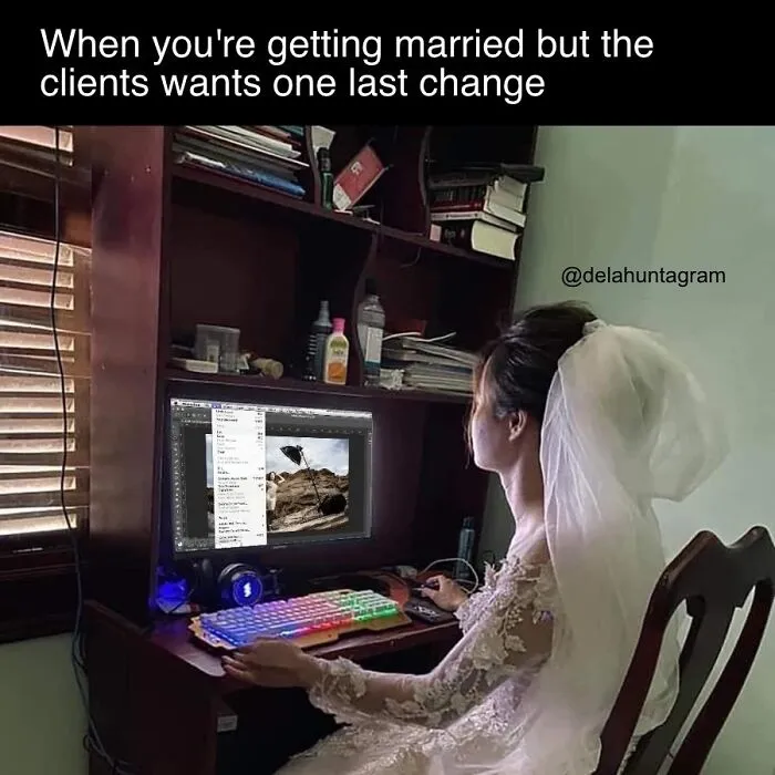 Graphic designer in wedding dress edits project at computer, caption humorously reflects designer's work-life balance challenges.