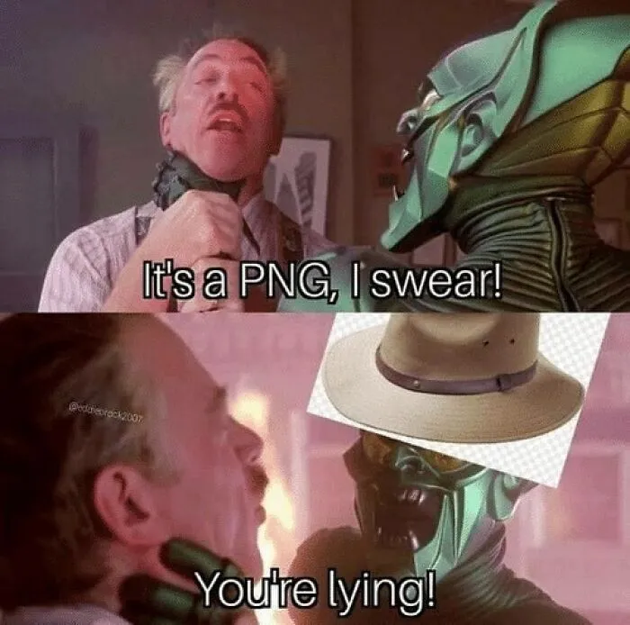 Graphic designers meme: Man claiming it's a PNG image while another accuses him of lying, featuring a green helmeted figure.
