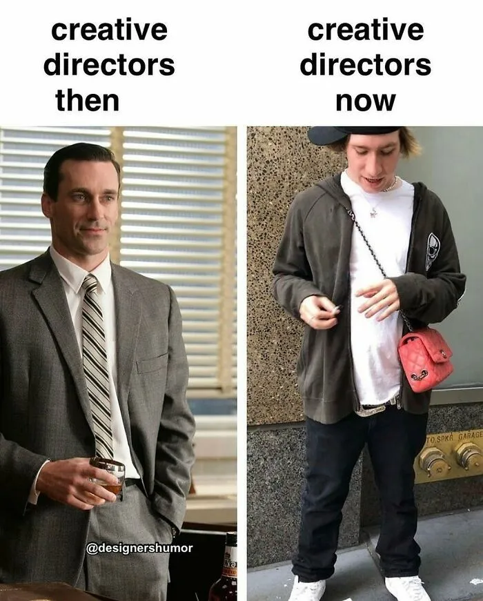 Graphic designers' humor: split image of creative directors then and now, contrasting formal and casual styles.