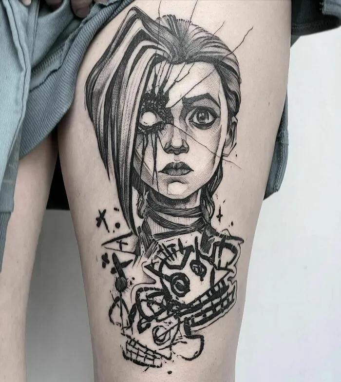 Jinx League Of Legends Leg Tattoo