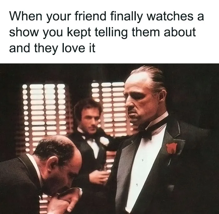 Scene from a film illustrating a relatable friendship meme where a friend loves a recommended show.
