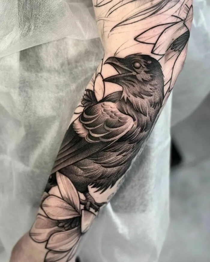 Big Ominous Raven Forearm Tattoo