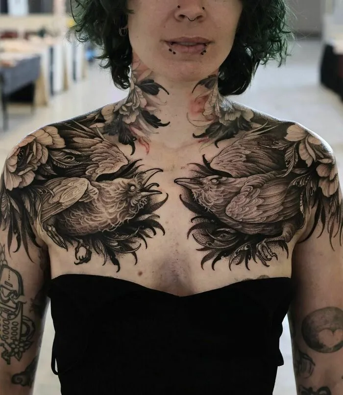 Gothic Style Crow Shoulder And Chest Tattoo