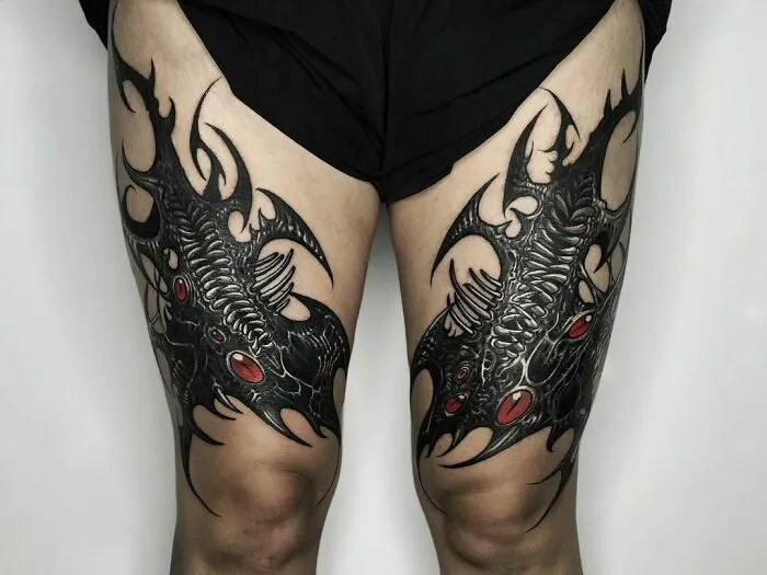 Gothic tattoos depicting dark, intricate designs with red accents on thighs.