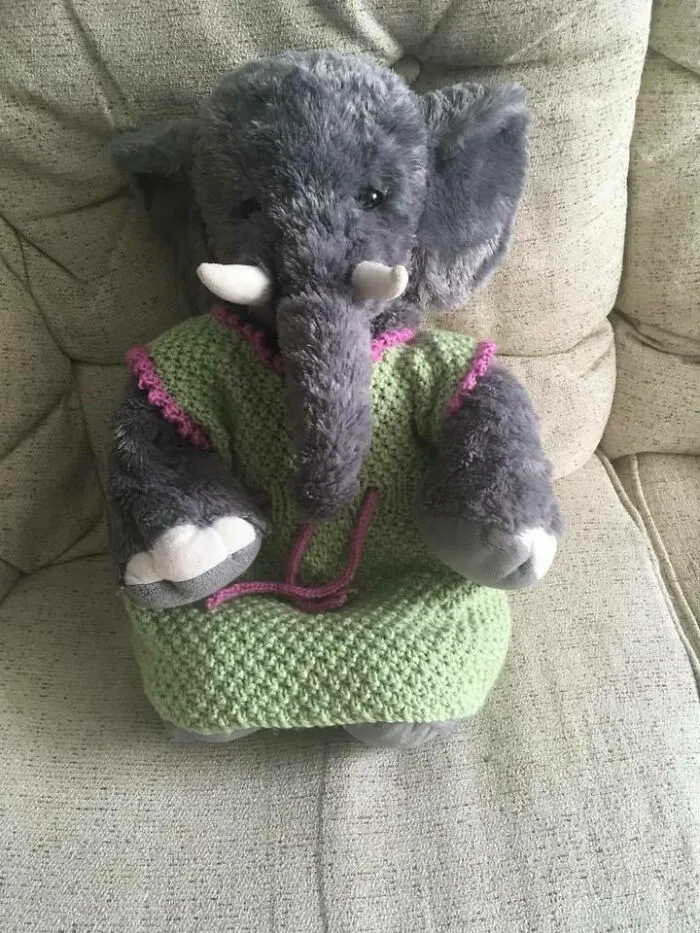 This Is Hester. She Tried On The Outfits I Knit For Friends' Babies, Although I Made The Santa Costume Especially For Her 😂