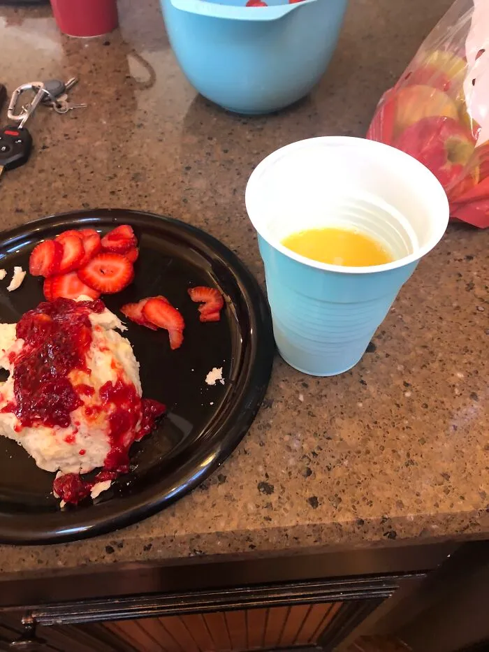Biscuits With My Grandmas Raspberry Jam, Strawberries And Orange Juice!
