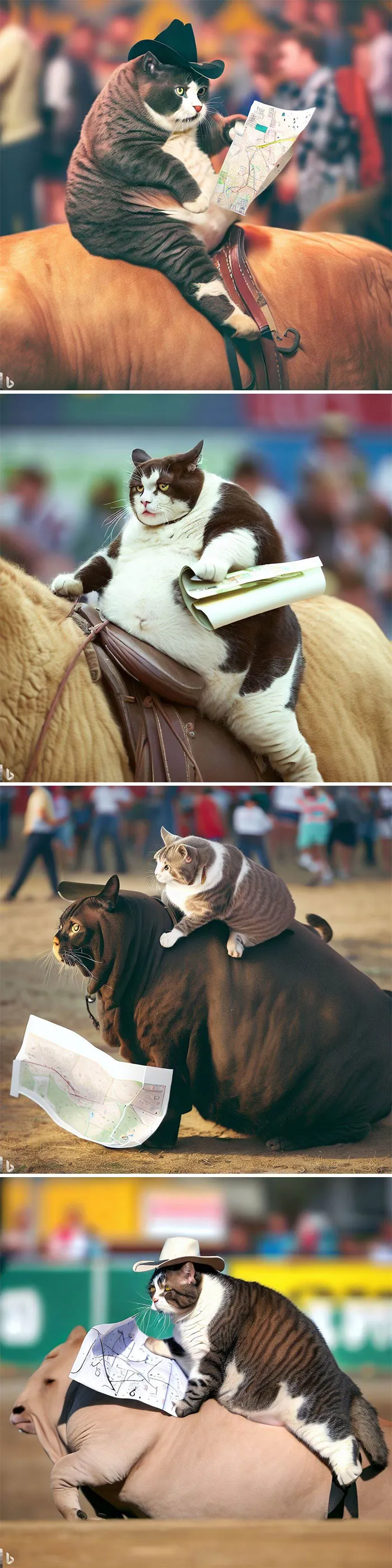 Confused Extremely Fat Cat Checking A Map While Riding A Bull At A Rodeo
