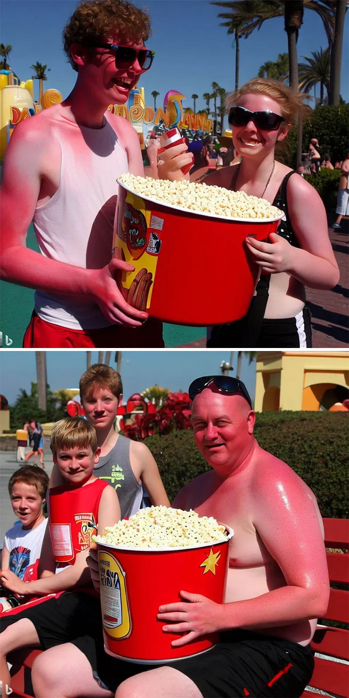 Británicos quemados por el sol en el Disney World de Florida comiendo palomitas