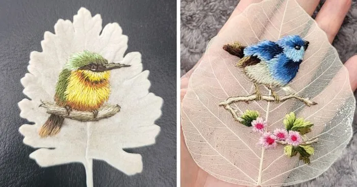 I Love To Create Lifelike Needle Paintings On Real Leaves (6 Pics)