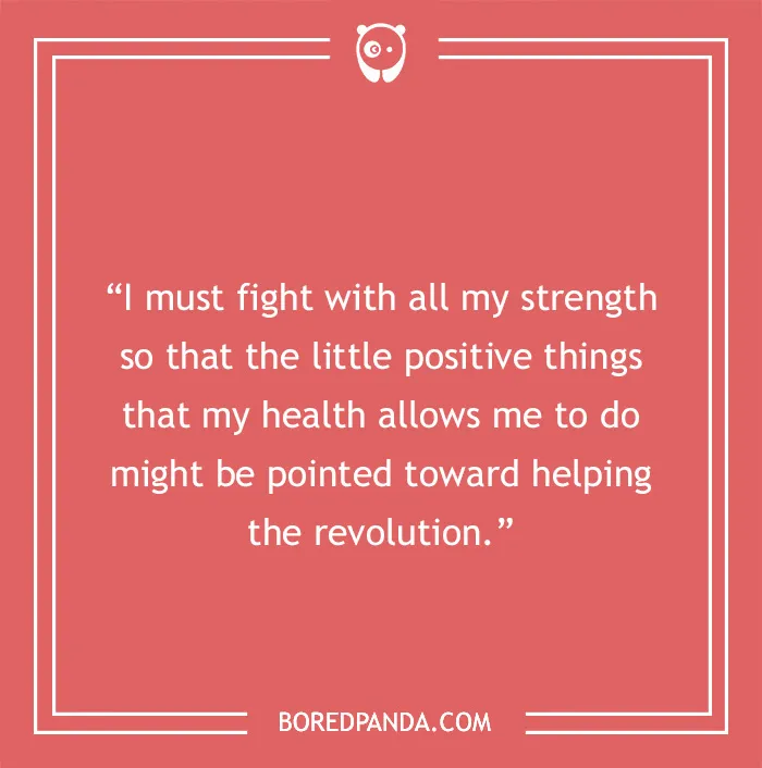 Frida Kahlo quote on strength and embracing the struggle with health and revolution, shown on a red background.
