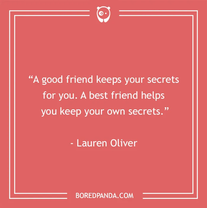 Funny best friend quote by Lauren Oliver on a red background, saying about secrets.