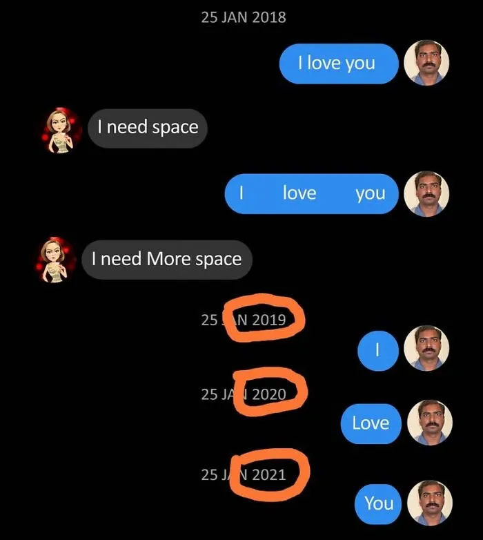 Chat exchange with Xavier humorously illustrating a conversation over several years.