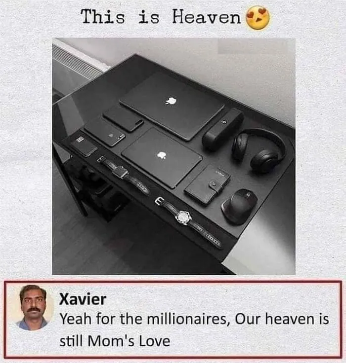 Various Apple gadgets on a table with a humorous comment by Xavier about heaven being mom's love.