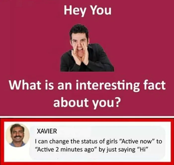 Xavier humorously replies with a witty comment about changing online status by just saying "Hi."