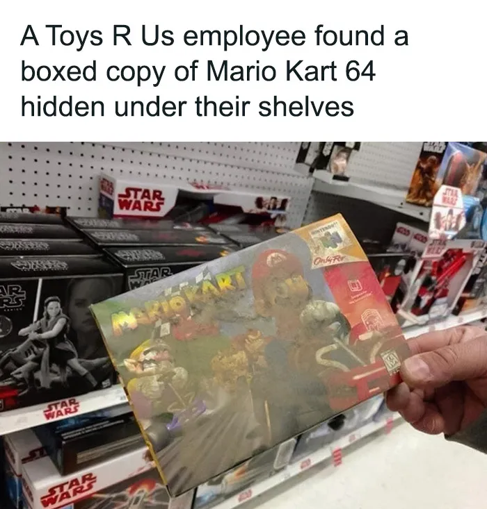 Vintage Mario Kart 64 box discovered by a Toys R Us employee on a shelf.