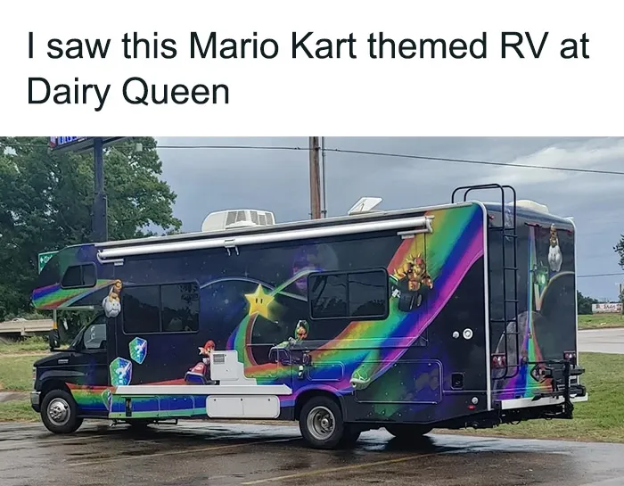 Mario Kart themed RV with colorful graphics parked at Dairy Queen.