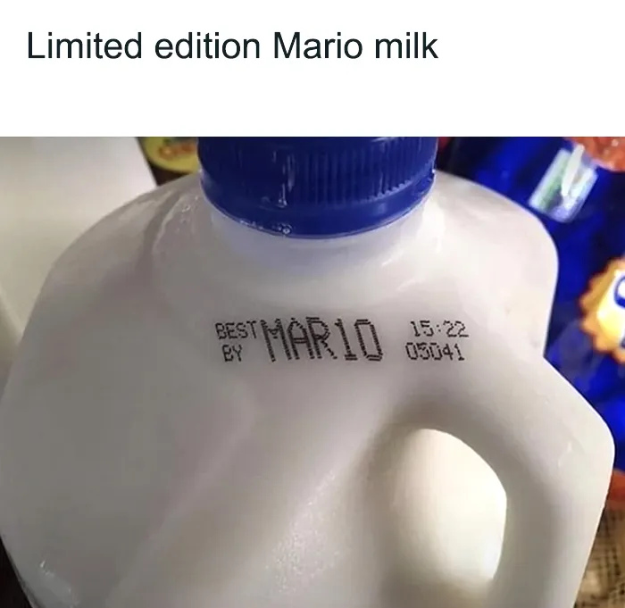 Milk jug with a "Best by MAR10" date, a humorous twist on Mario memes.