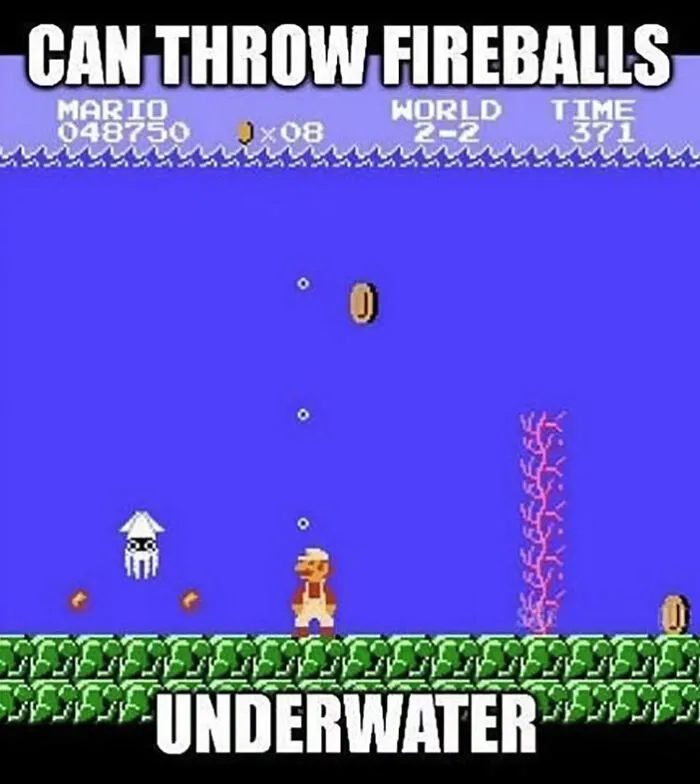 Mario underwater, throwing fireballs with coins and squid nearby, showcasing funny meme content.