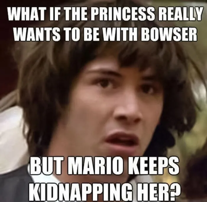 Confused man's face with text questioning Mario's actions in a humorous meme.