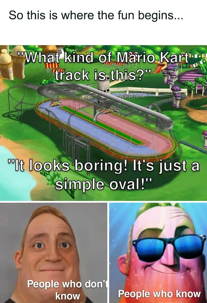 Mario Kart meme comparing perceptions of a simple oval track, featuring two cartoon character reactions.