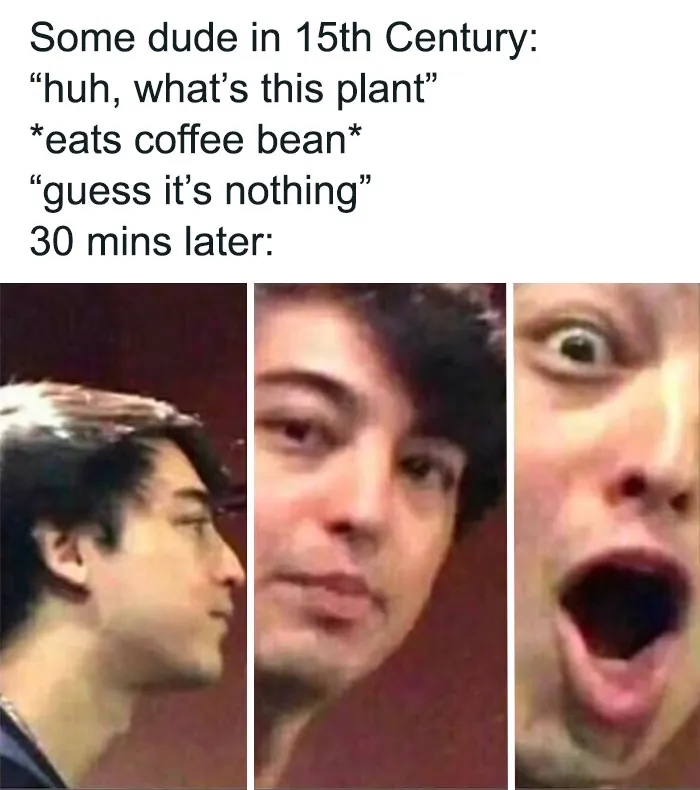 A coffee meme featuring a three-panel reaction image of a young man. The text above the panels reads, "Some dude in 15th Century: 'huh, what’s this plant' eats coffee bean 'guess it’s nothing' 30 mins later:" The three panels show the man's profile, then a neutral expression, and finally a wide-eyed, shocked expression, humorously depicting the delayed reaction after consuming a coffee bean for the first time. The meme playfully imagines the discovery of coffee's stimulating effects in the 15th century.