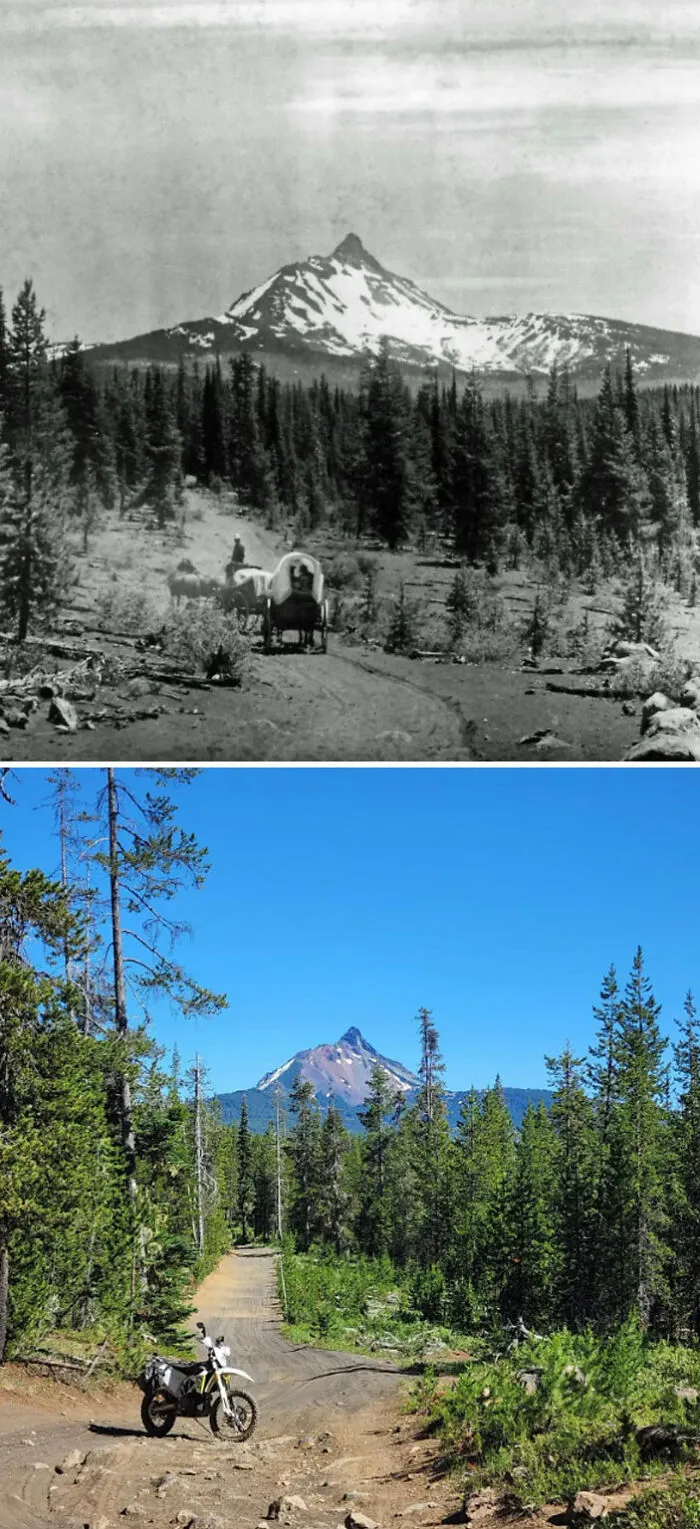 Camino de caravanas en Oregón. Fecha desconocida y 2022, pero el camino se usó entre 1860 y la década de 1930