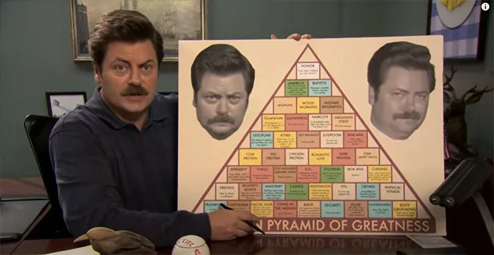 Ron Swanson explaining the Pyramid of Greatness with key life principles in a comedic educational setting.