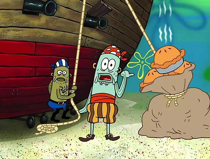 Pirate fish from SpongeBob SquarePants pointing at explosive pies near a ship in a cartoon underwater scene.