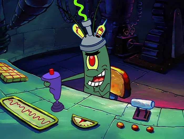 Plankton plotting with a joystick in his lab, a classic scene from iconic SpongeBob quotes you need to know.
