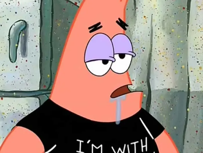 Patrick from SpongeBob drooling on himself with a blank expression, a classic moment from iconic SpongeBob quotes.