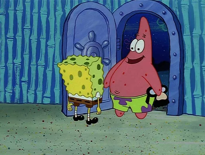 Patrick excitedly greets SpongeBob at the entrance in a scene illustrating iconic SpongeBob quotes.