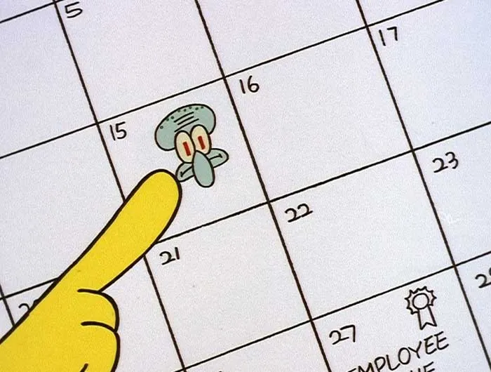 SpongeBob pointing at Squidward's face marked on a calendar, showing an iconic SpongeBob quote moment.