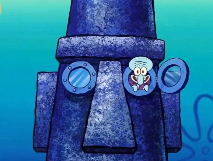 Squidward excitedly looking out from his window, a memorable scene from iconic SpongeBob quotes in the animated series.