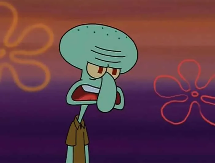 Squidward looking grumpy and talking in a dark underwater scene from iconic SpongeBob quotes collection.