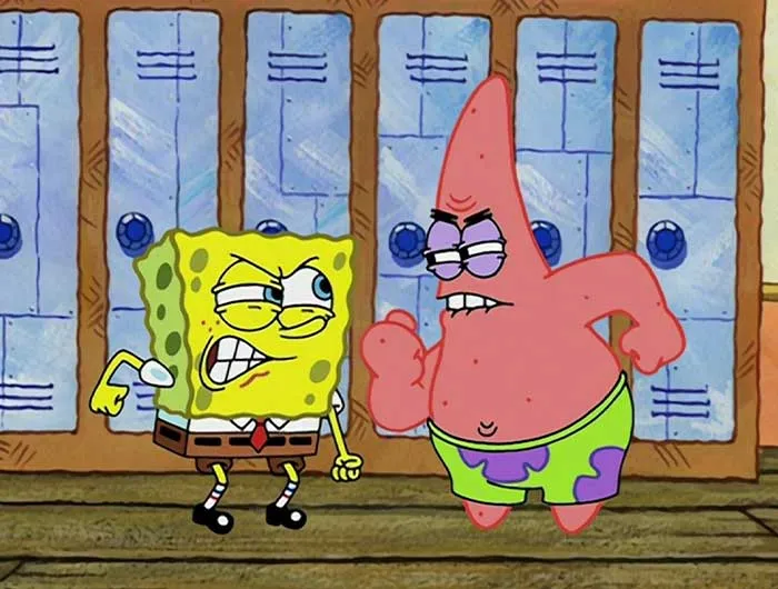 SpongeBob and Patrick facing off angrily in front of lockers, a memorable scene from iconic SpongeBob quotes.