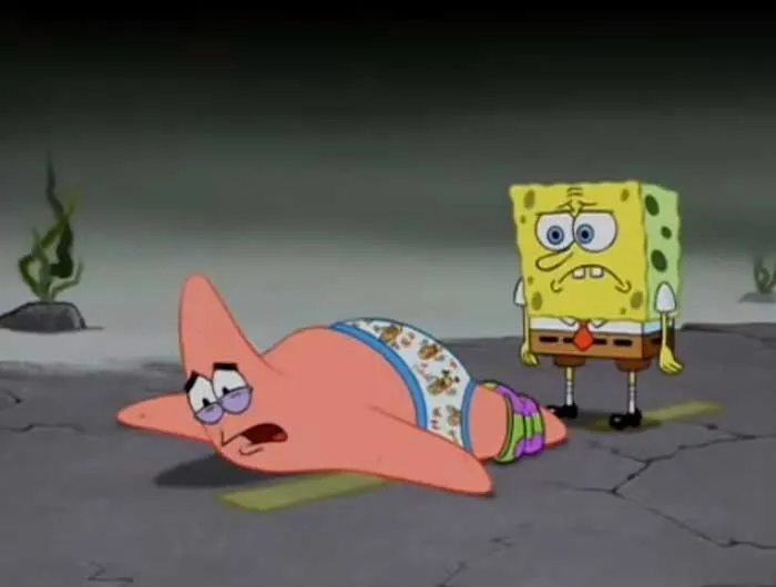 Patrick lying on the ground with his pants down while SpongeBob looks on in disappointment in a SpongeBob quotes scene.