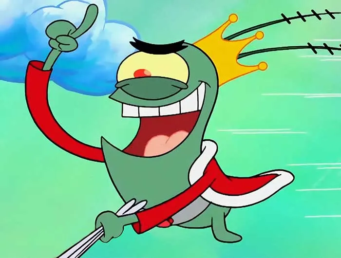 Plankton flying with a crown and royal robe, capturing a memorable moment from iconic SpongeBob quotes.