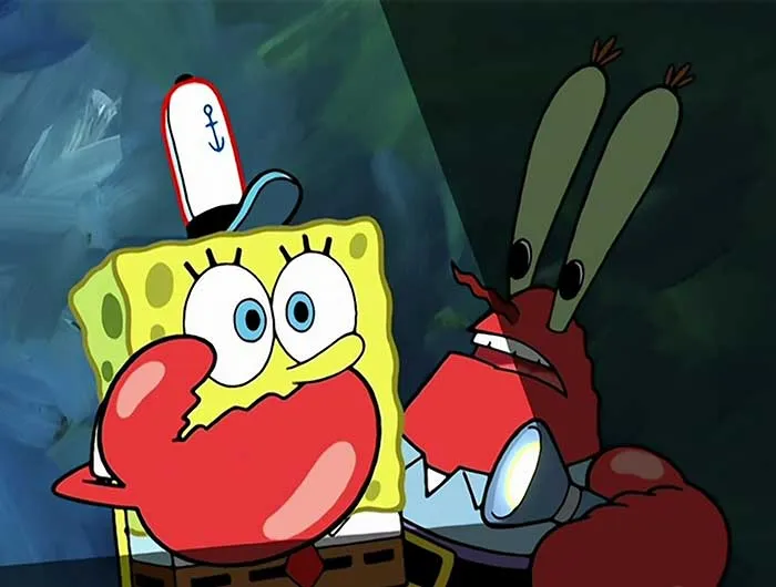 Mr. Krabs covering SpongeBob’s mouth and shining a flashlight, a scene from iconic SpongeBob quotes known by fans.