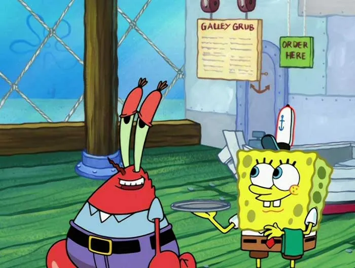 Mr. Krabs looking relieved while SpongeBob cheerfully holds a tray inside the Krusty Krab from iconic SpongeBob quotes.